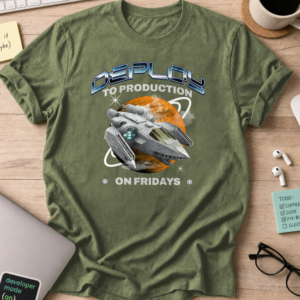 deploy to production spaceship shirt - Military Green