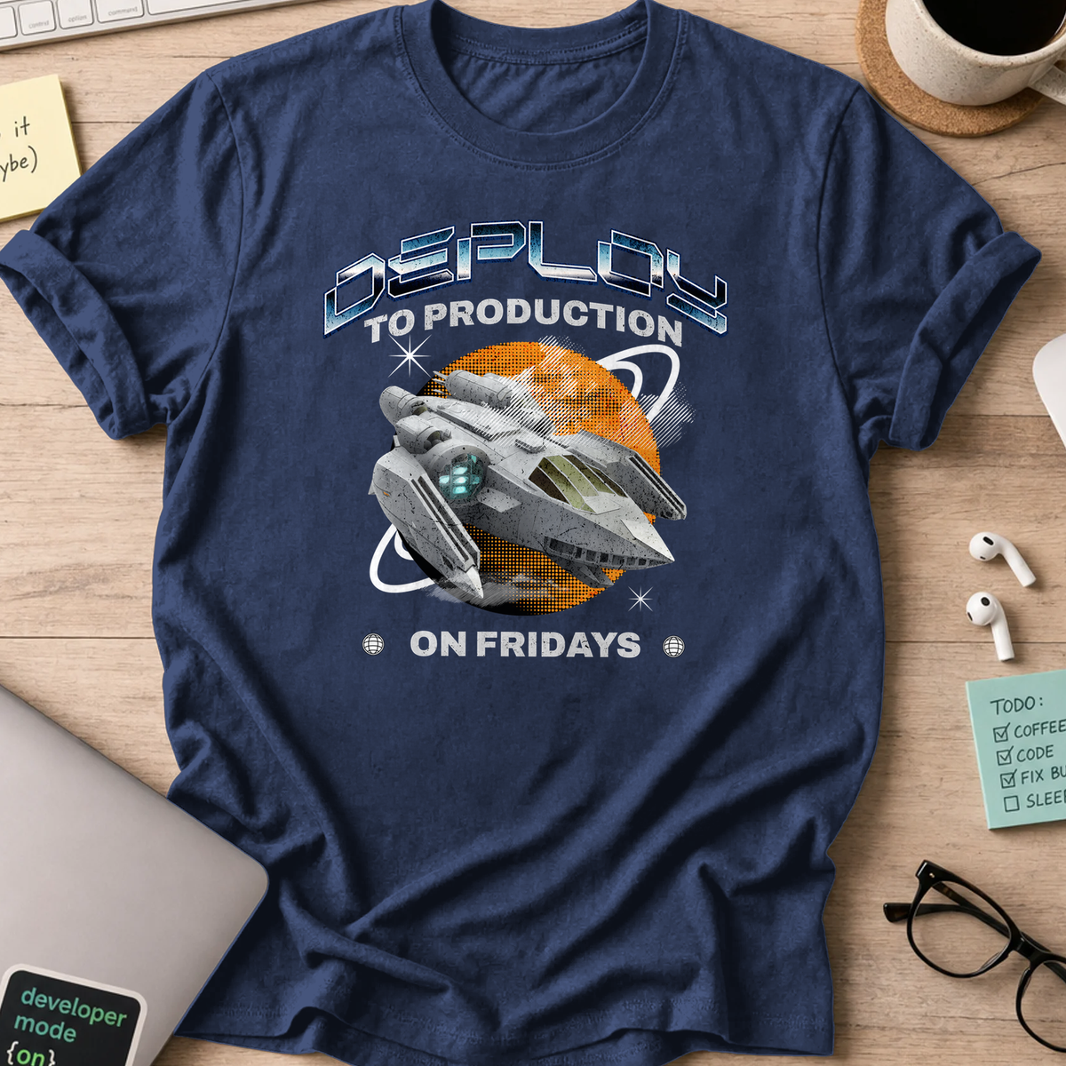 deploy to production spaceship shirt - Navy