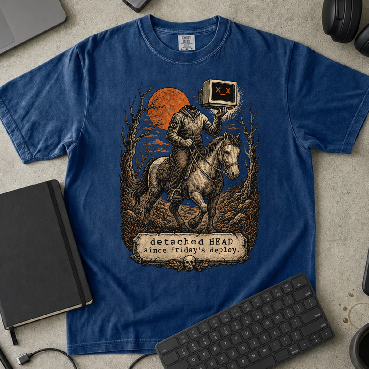 Detached HEAD Since Friday's Deploy Shirt — True Navy Comfort Colors 1717 flat lay