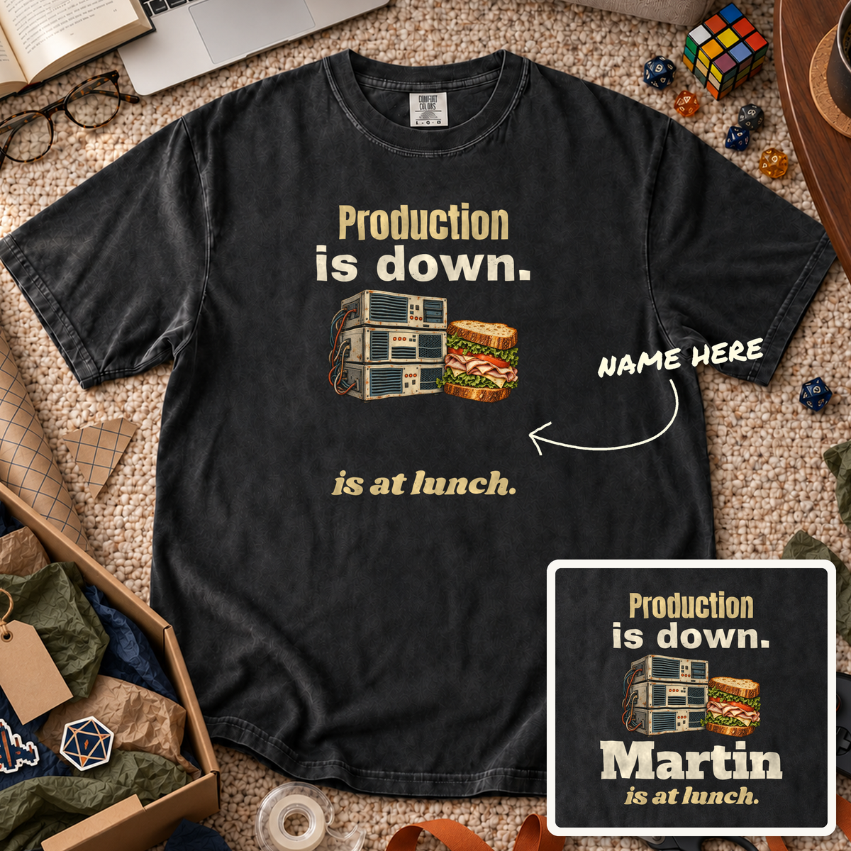 Production Is Down Custom Shirt — personalized Black Comfort Colors 1717
