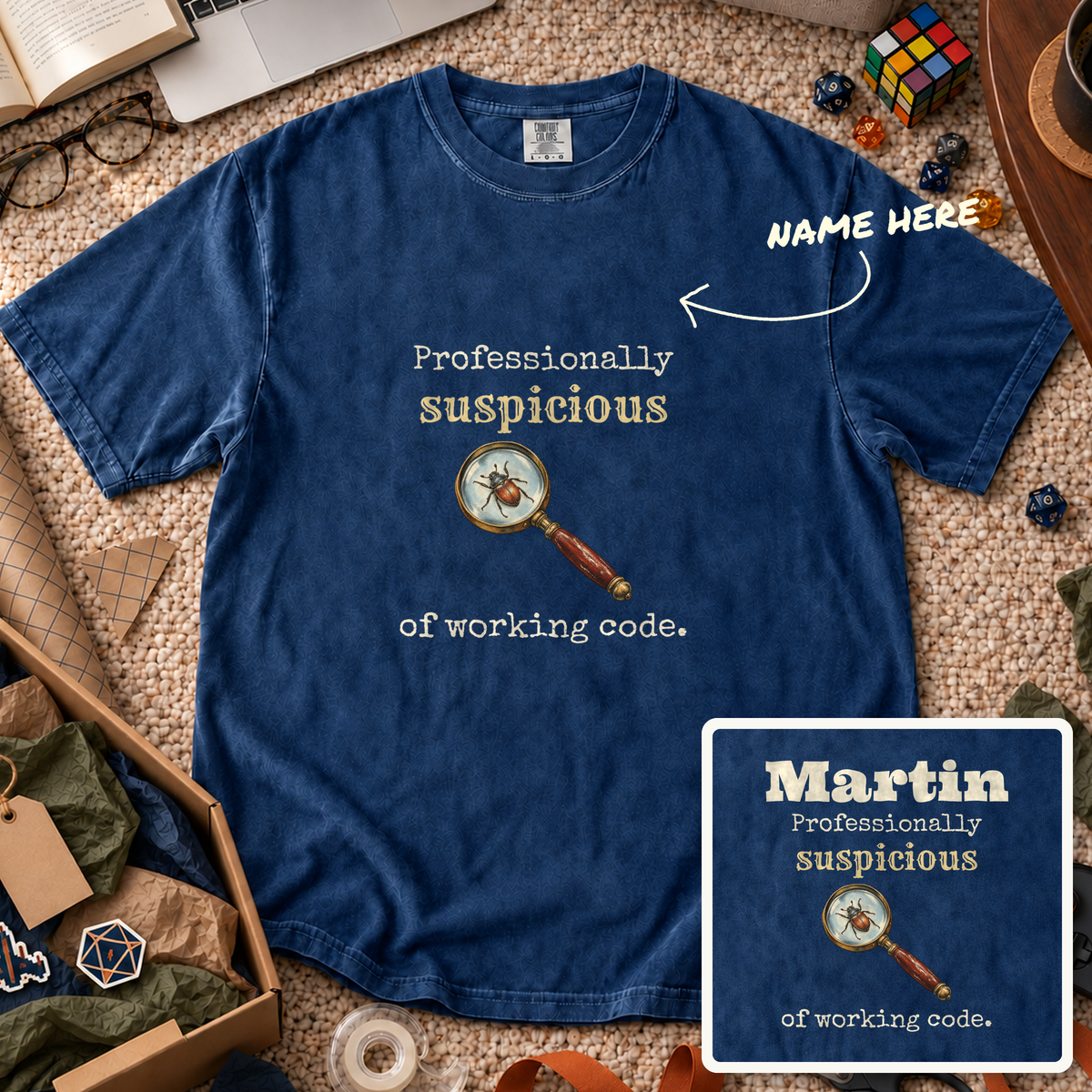 Suspicious of Working Code Custom Shirt — personalized True Navy Comfort Colors 1717