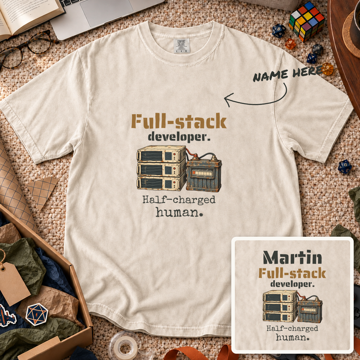Half-Charged Human Custom Shirt — personalized Ivory Comfort Colors 1717