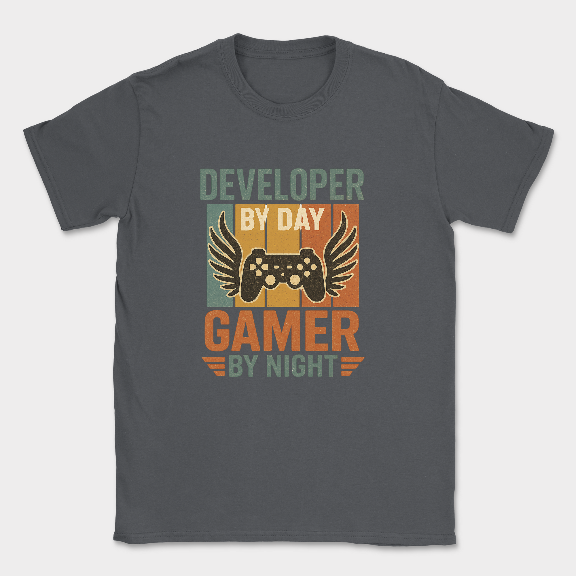developer by day gamer by night shirt — Dark Heather Grey