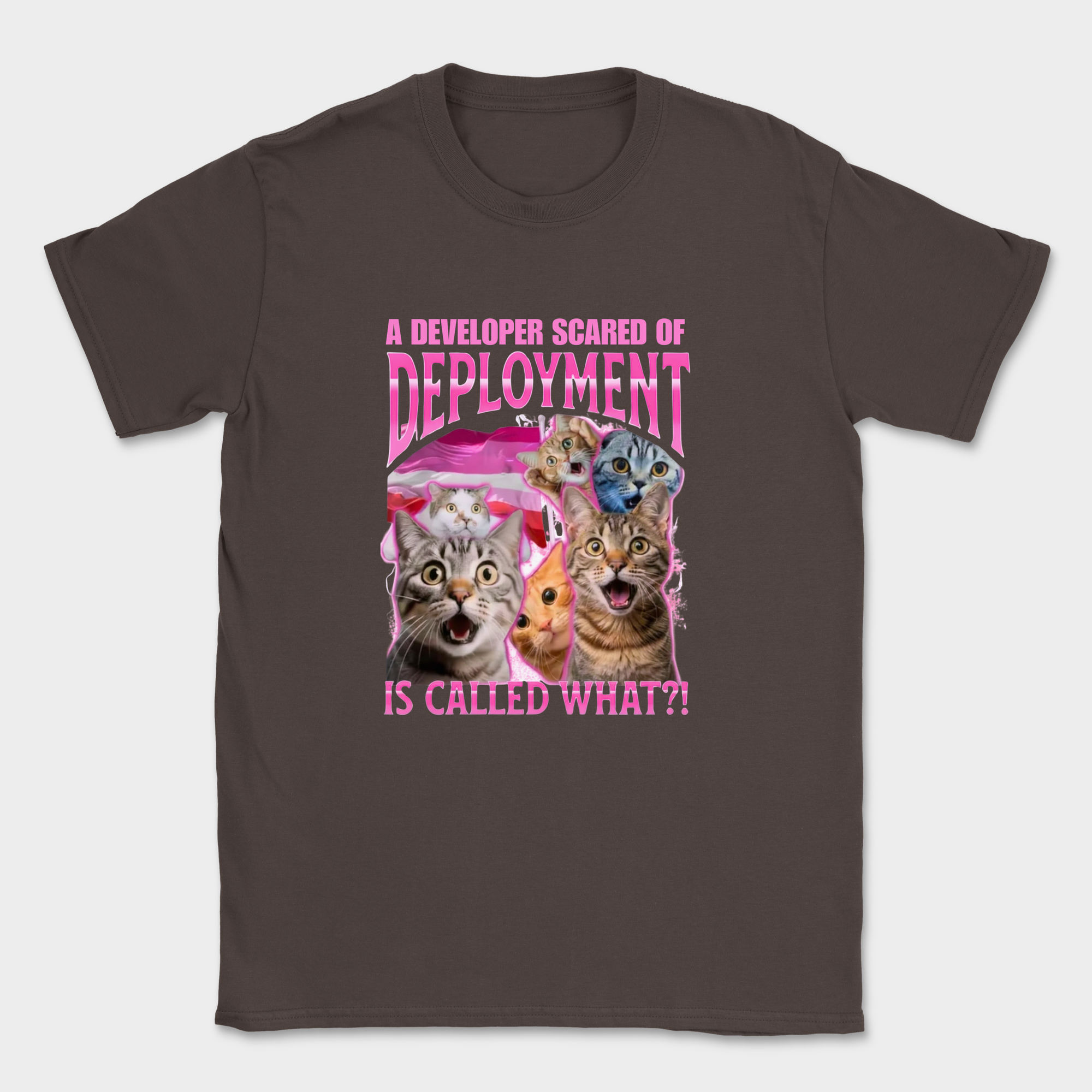 developer scared of deployment shirt — Dark Chocolate