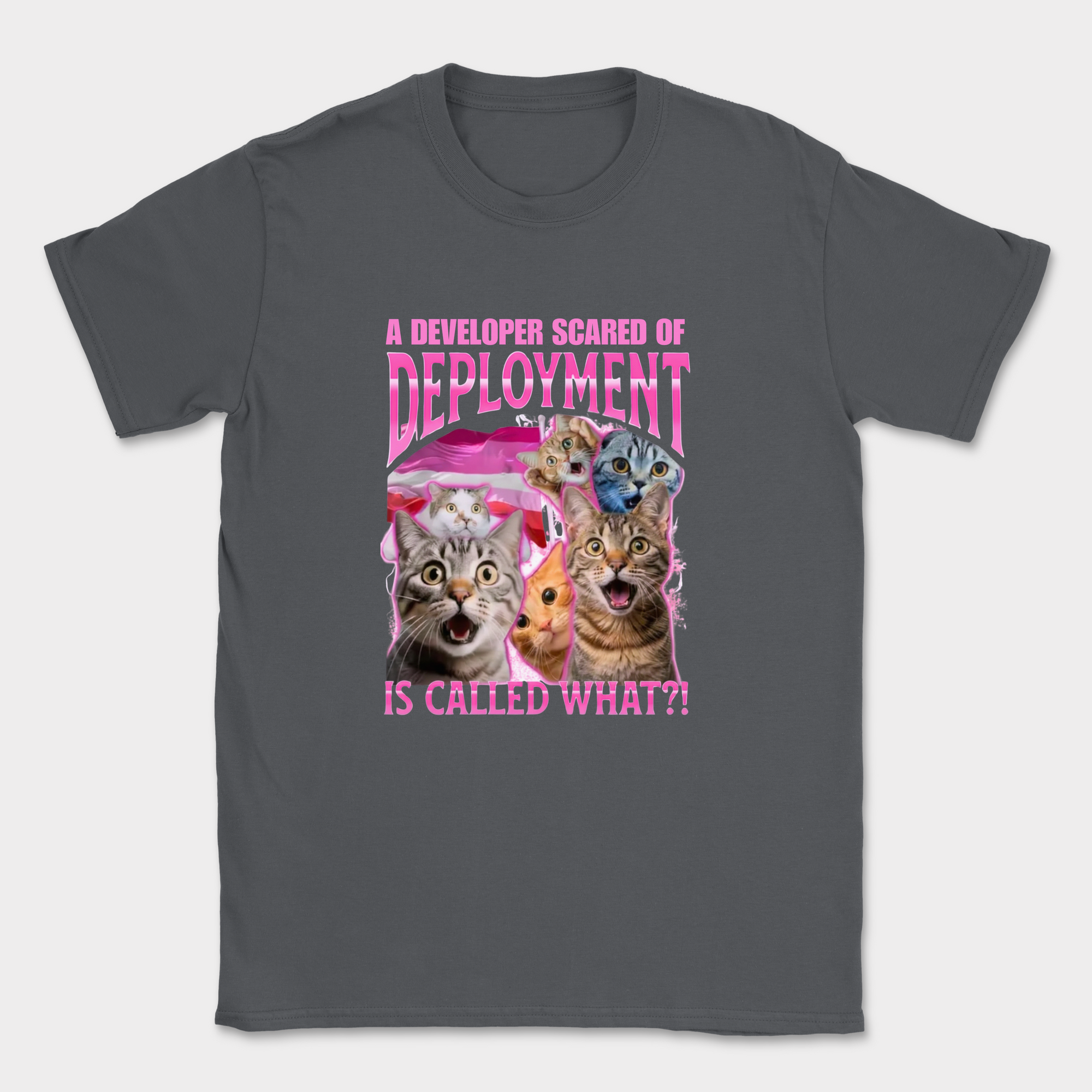 developer scared of deployment shirt — Dark Heather Grey