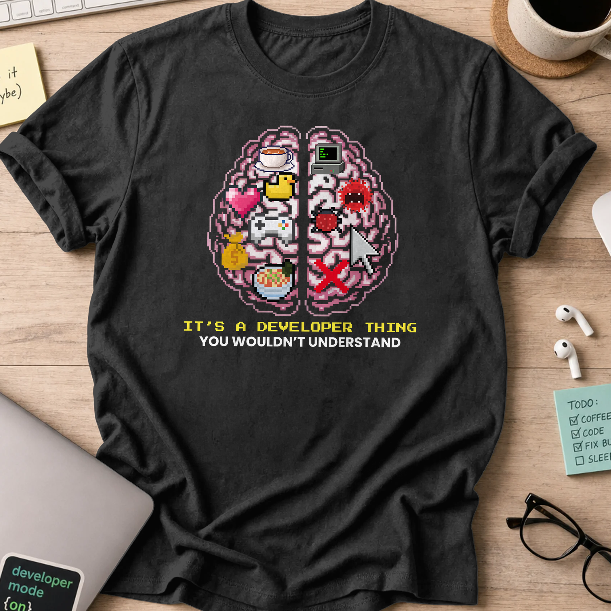 Black programmer shirt printed with "developer brain", a funny developer t-shirt and coding gift for software engineers and coders.