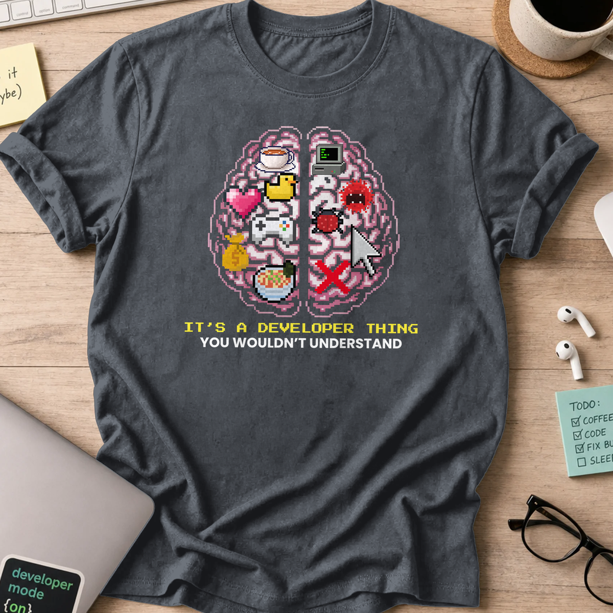 Dark Heather Grey programmer shirt printed with "developer brain", a funny developer t-shirt and coding gift for software engineers and coders.