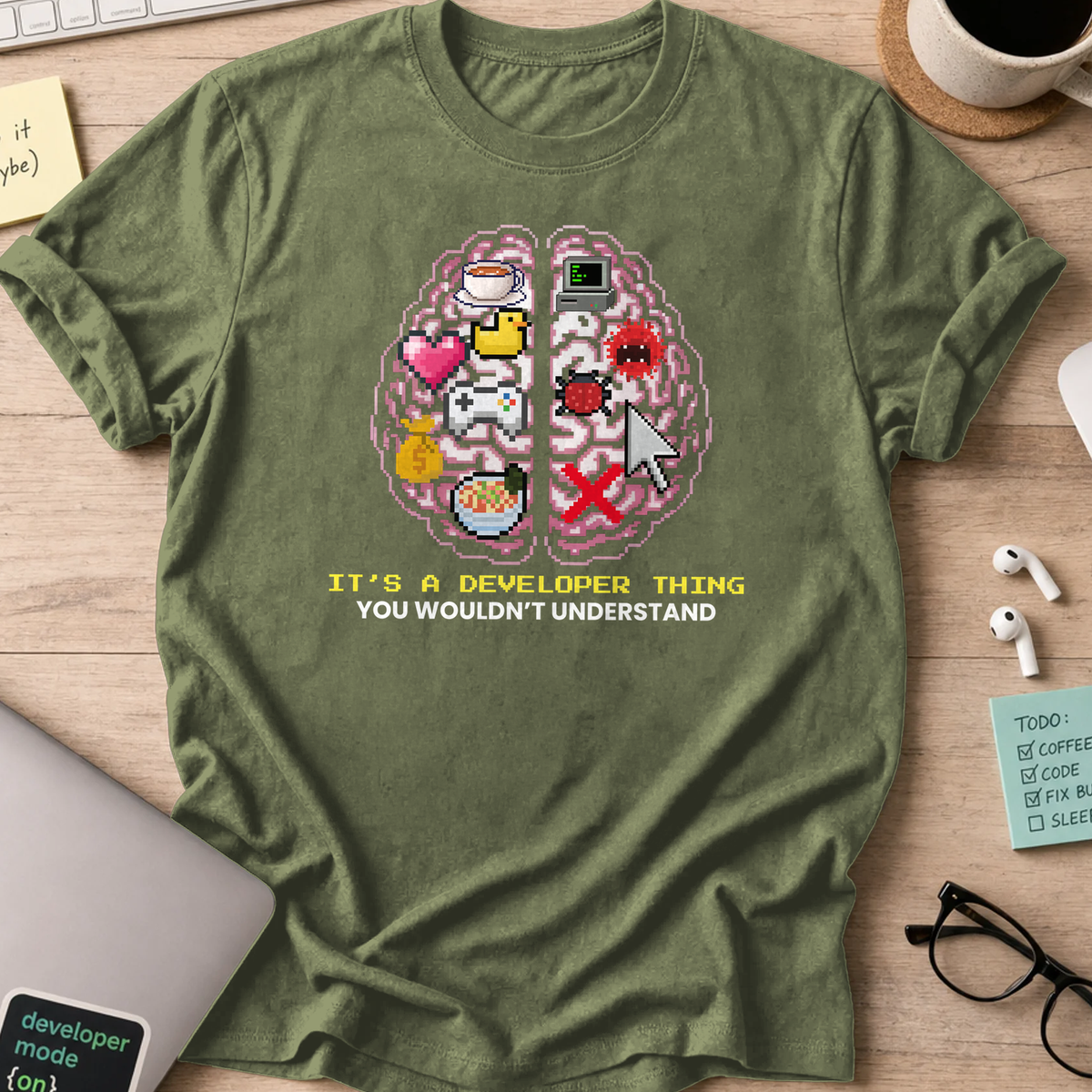 Military Green programmer shirt printed with "developer brain", a funny developer t-shirt and coding gift for software engineers and coders.