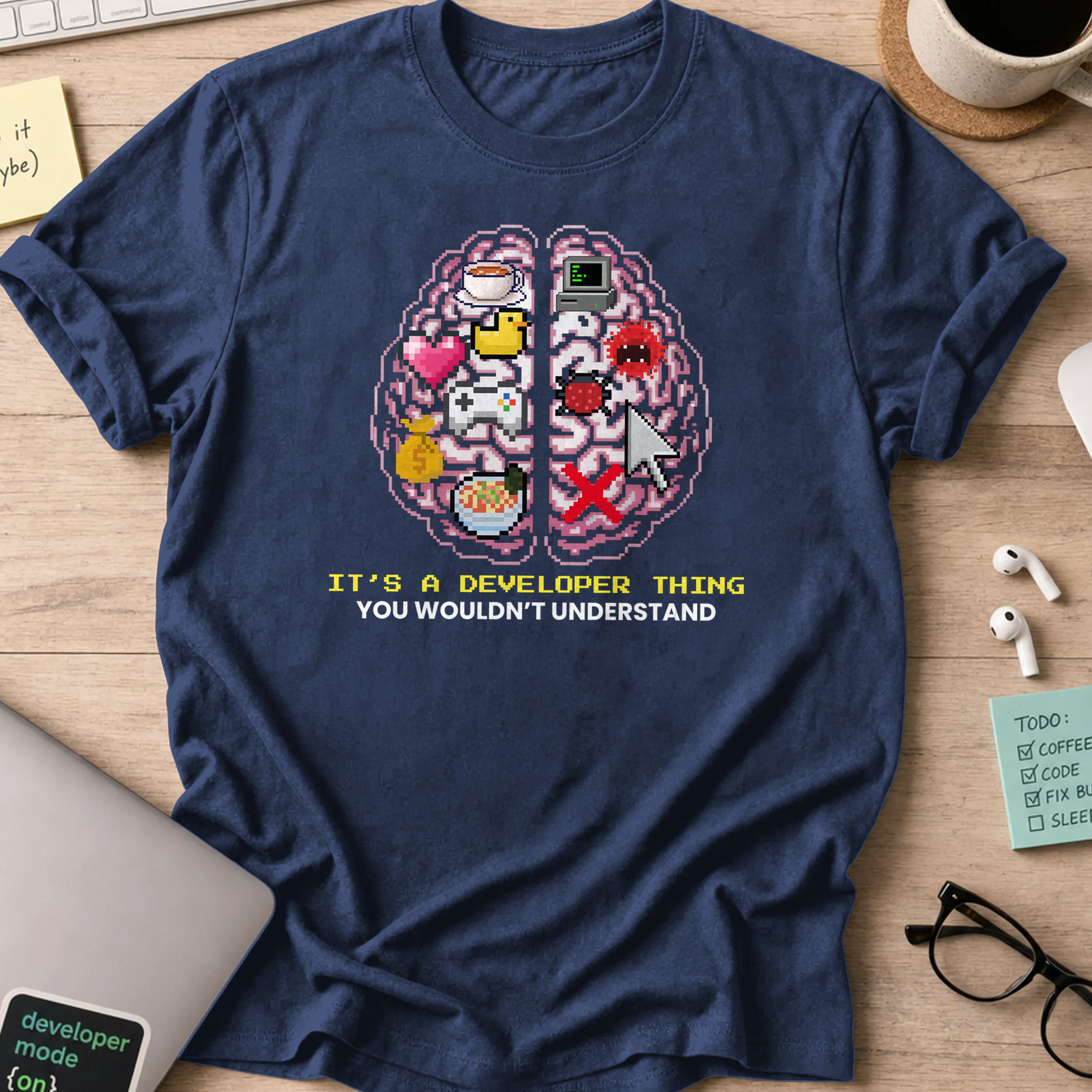 Navy programmer shirt printed with "developer brain", a funny developer t-shirt and coding gift for software engineers and coders.