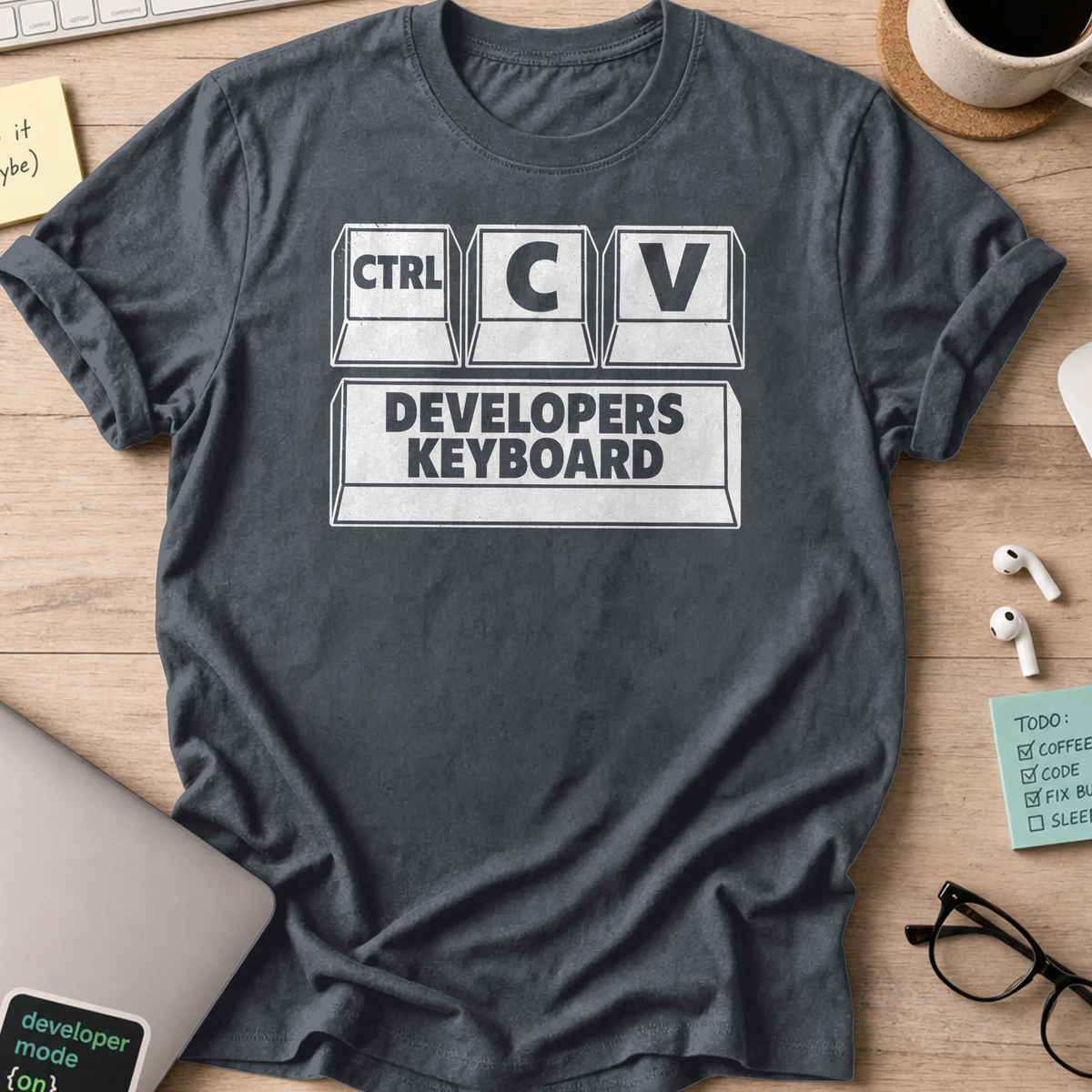 Dark Heather Grey programmer shirt printed with "developers keyboard", a funny developer t-shirt and coding gift for software engineers and coders.
