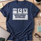Navy programmer shirt printed with "developers keyboard", a funny developer t-shirt and coding gift for software engineers and coders.