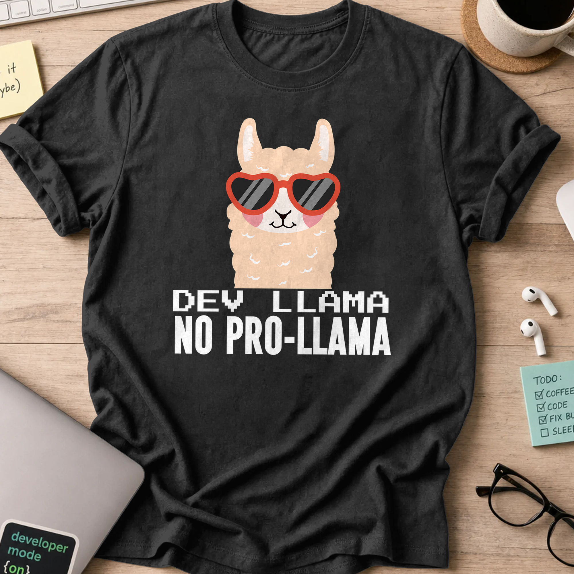 Black programmer shirt printed with "Dev Llama", a funny developer t-shirt and coding gift for software engineers and coders.