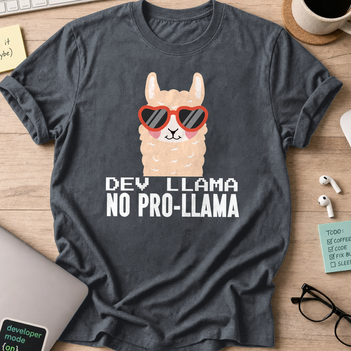 Dark Heather Grey programmer shirt printed with "Dev Llama", a funny developer t-shirt and coding gift for software engineers and coders.
