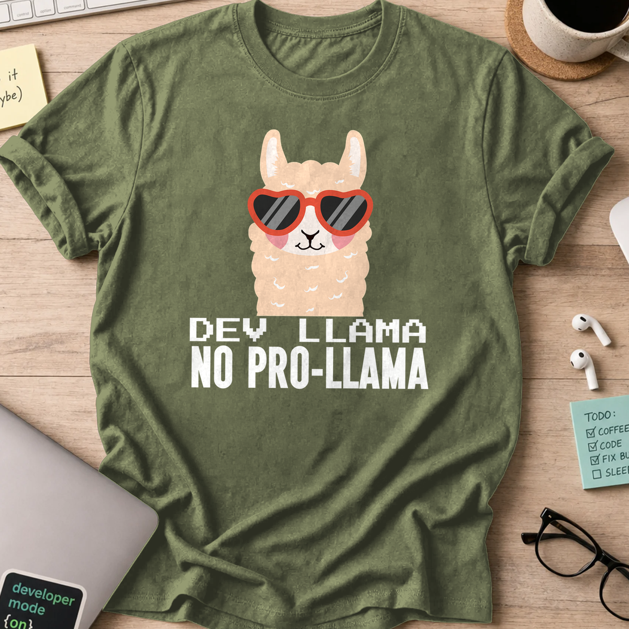 Military Green programmer shirt printed with "Dev Llama", a funny developer t-shirt and coding gift for software engineers and coders.