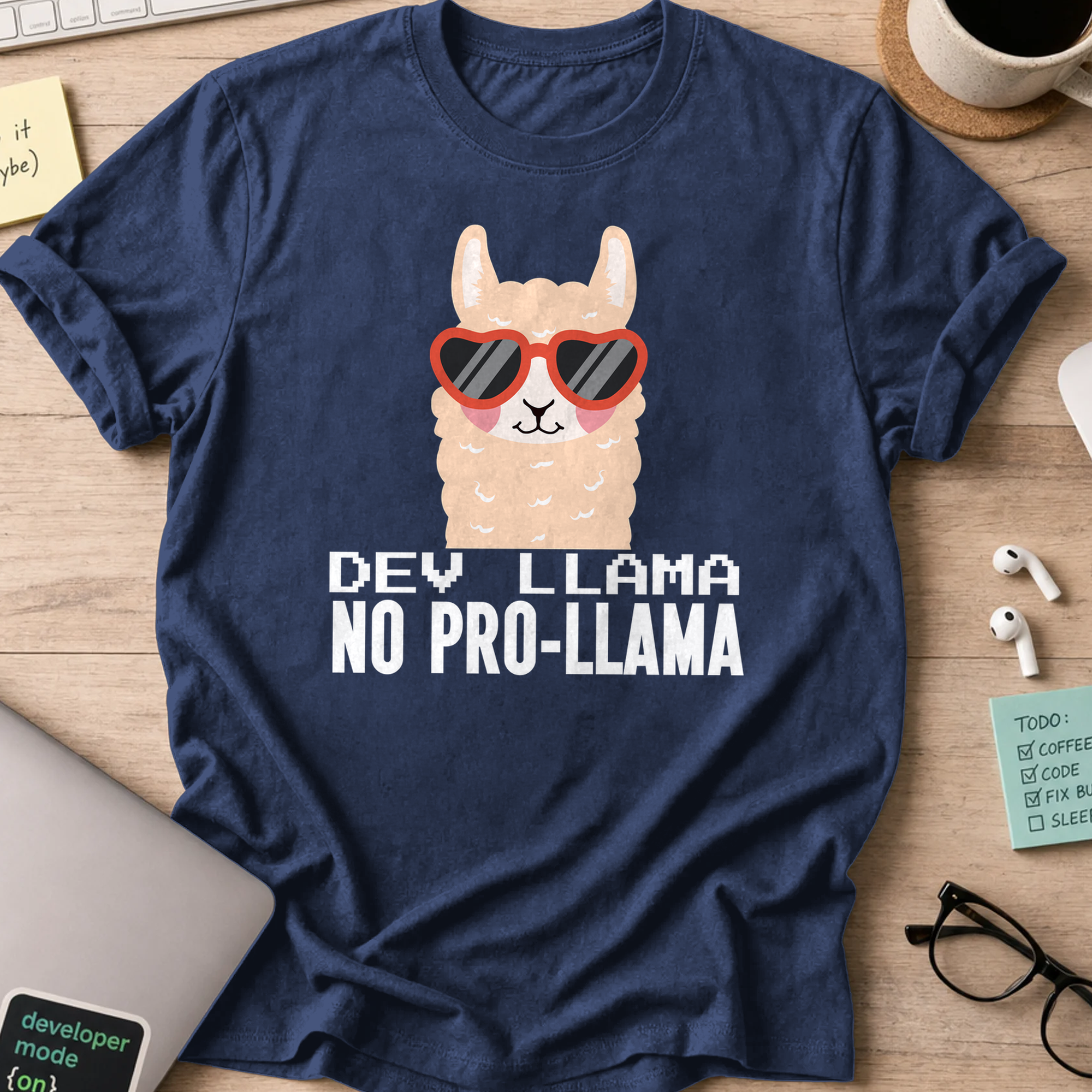 Navy programmer shirt printed with "Dev Llama", a funny developer t-shirt and coding gift for software engineers and coders.