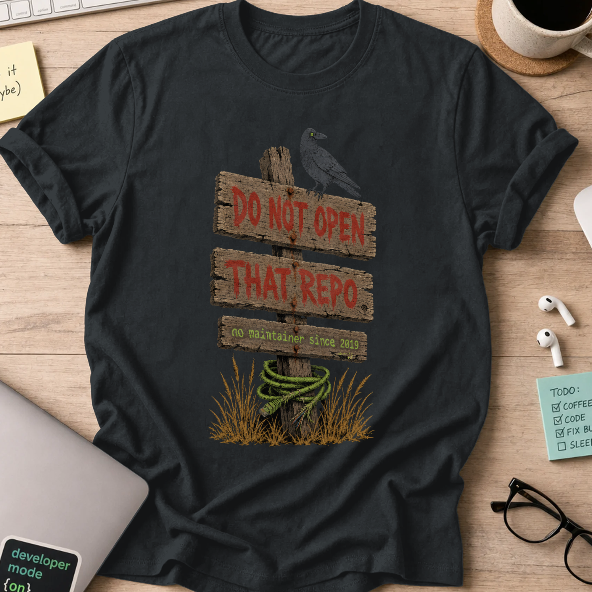 Do Not Open That Repo Shirt — Black storefront mockup