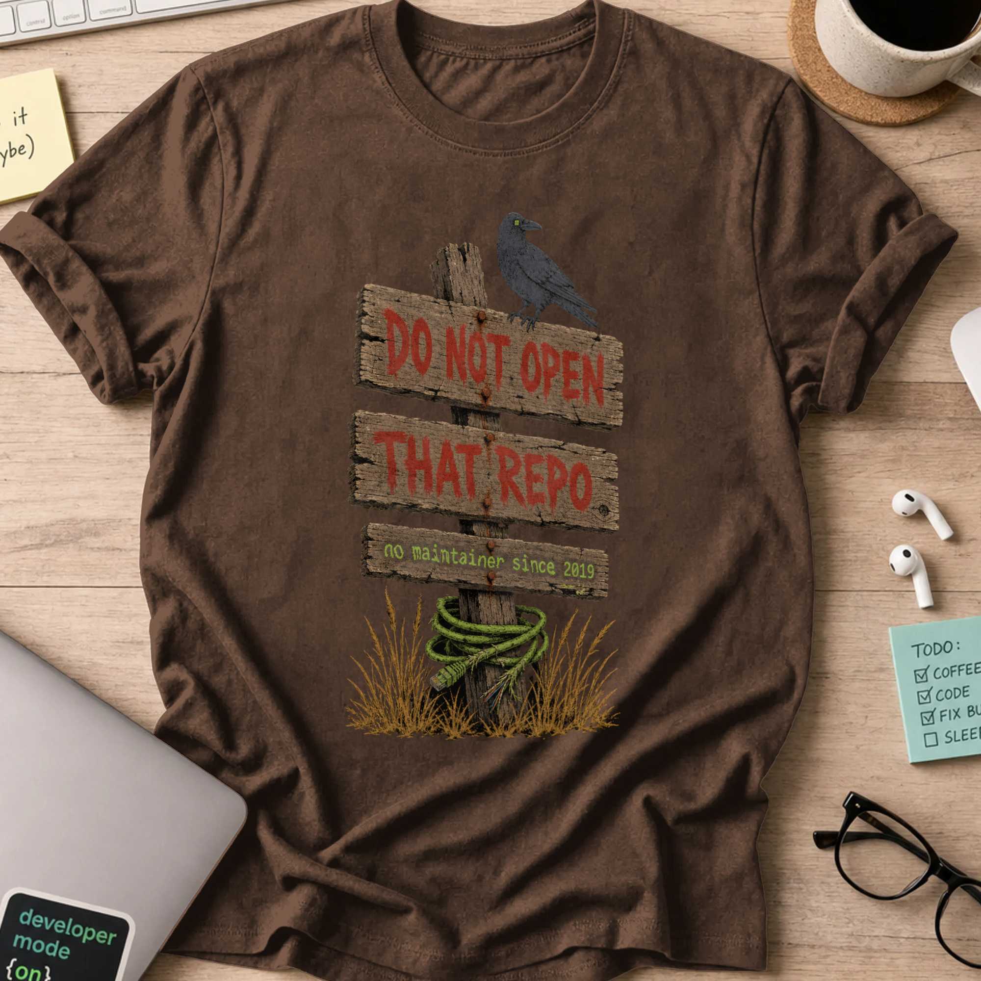 Do Not Open That Repo Shirt — Dark Chocolate storefront mockup