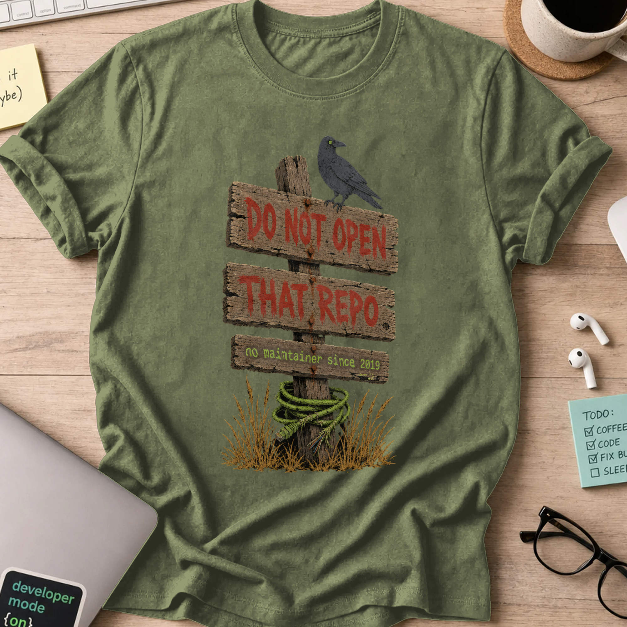 Do Not Open That Repo Shirt — Military Green storefront mockup