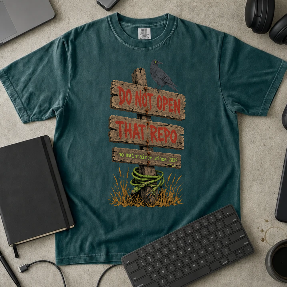Do Not Open That Repo Shirt — Blue Spruce Comfort Colors 1717 flat lay