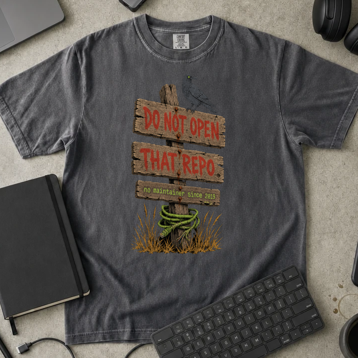 Do Not Open That Repo Shirt — Pepper Comfort Colors 1717 flat lay