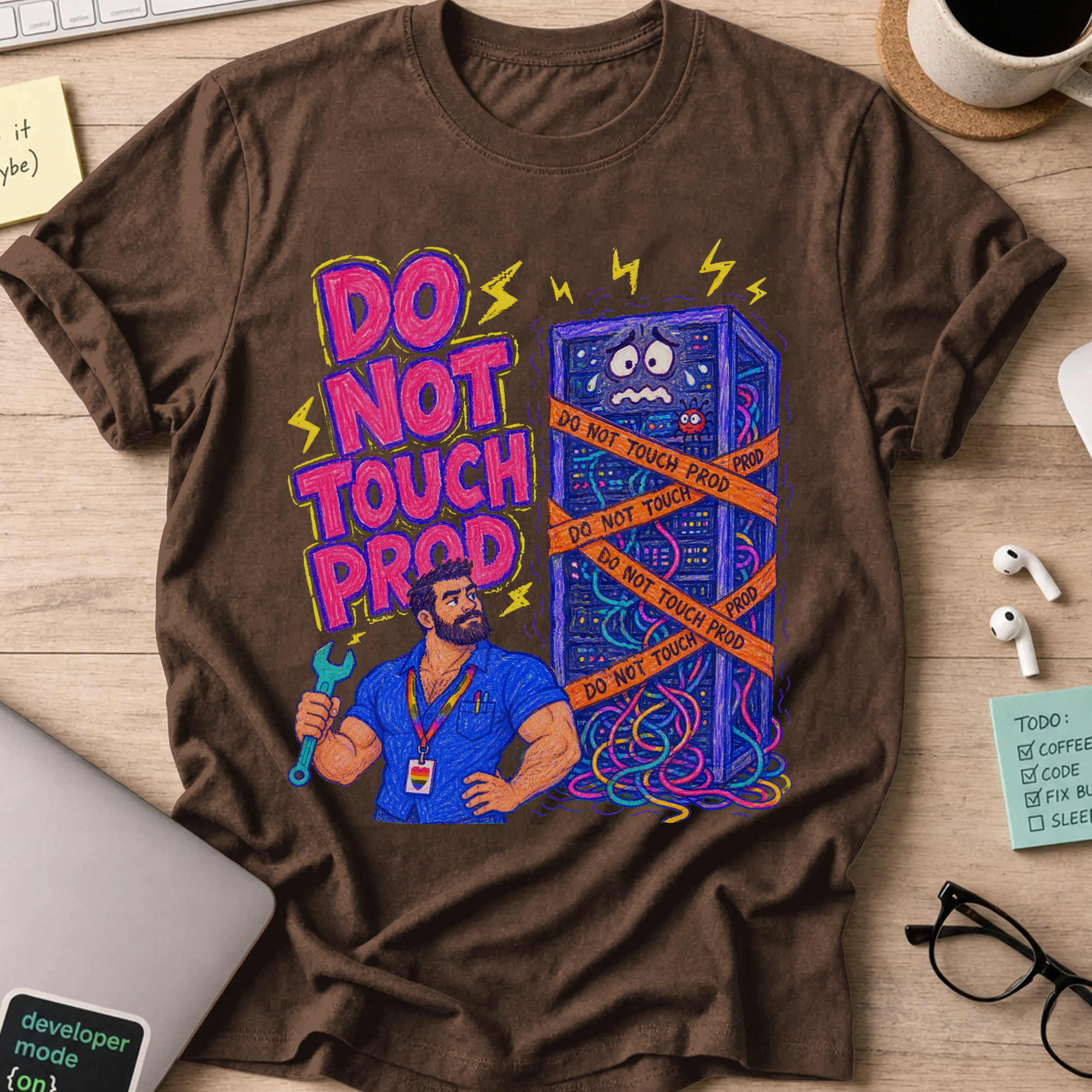 Do Not Touch Prod Shirt — Dark Chocolate storefront mockup