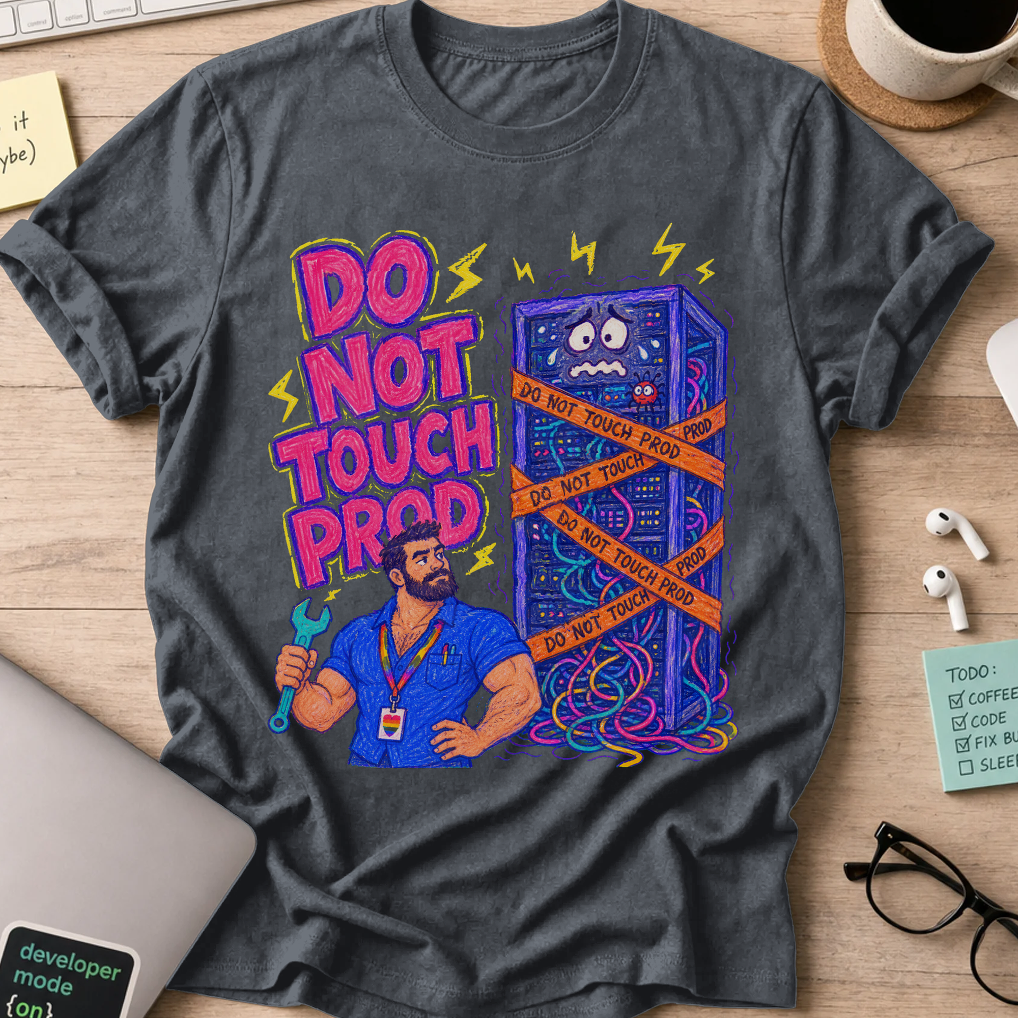 Do Not Touch Prod Shirt — Dark Heather storefront mockup
