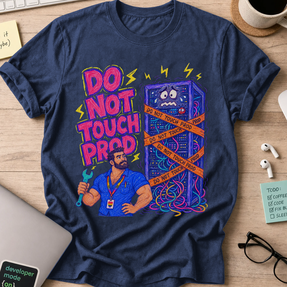 Do Not Touch Prod Shirt — Navy storefront mockup
