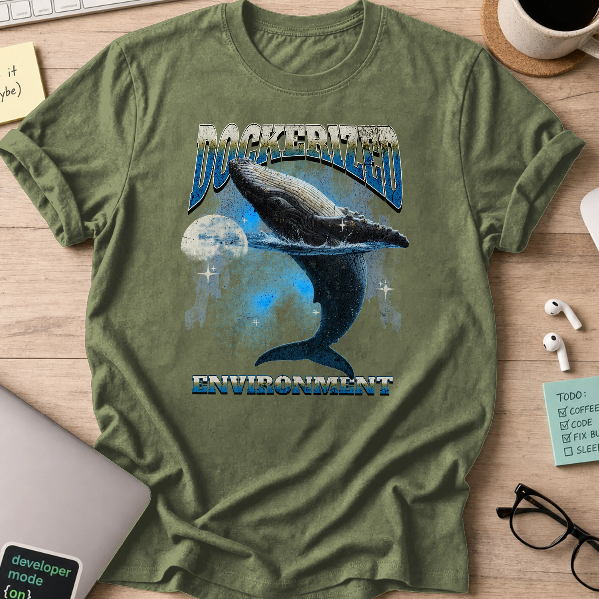 dockerized environment whale shirt - Military Green