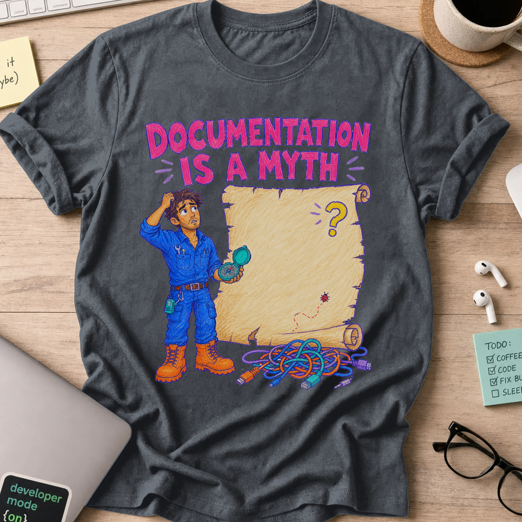 Documentation Is a Myth Shirt — Dark Heather storefront mockup