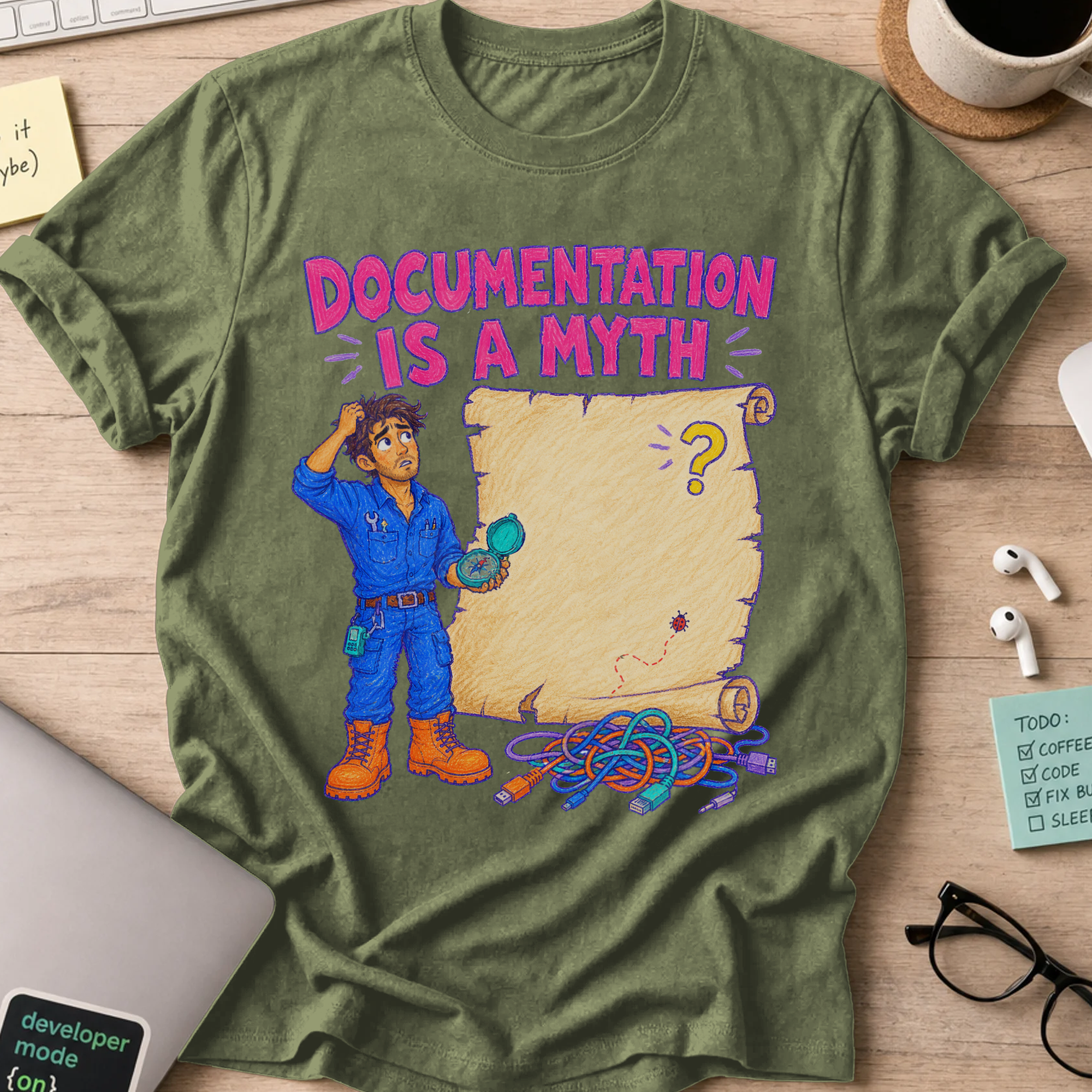 Documentation Is a Myth Shirt — Military Green storefront mockup