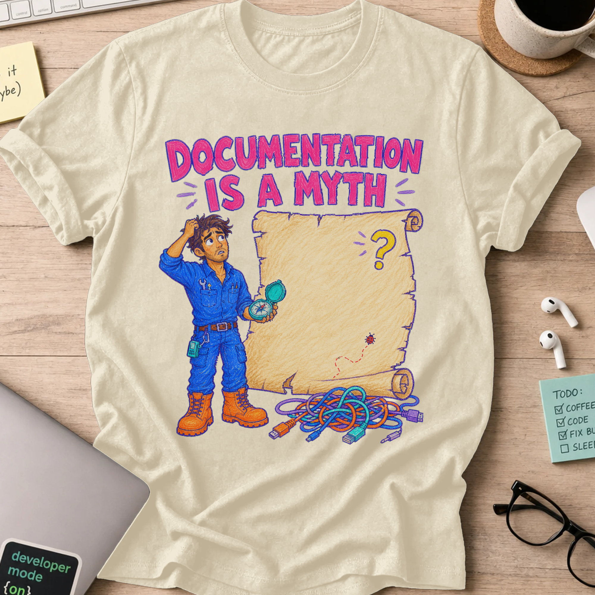 Documentation Is a Myth Shirt — Natural storefront mockup