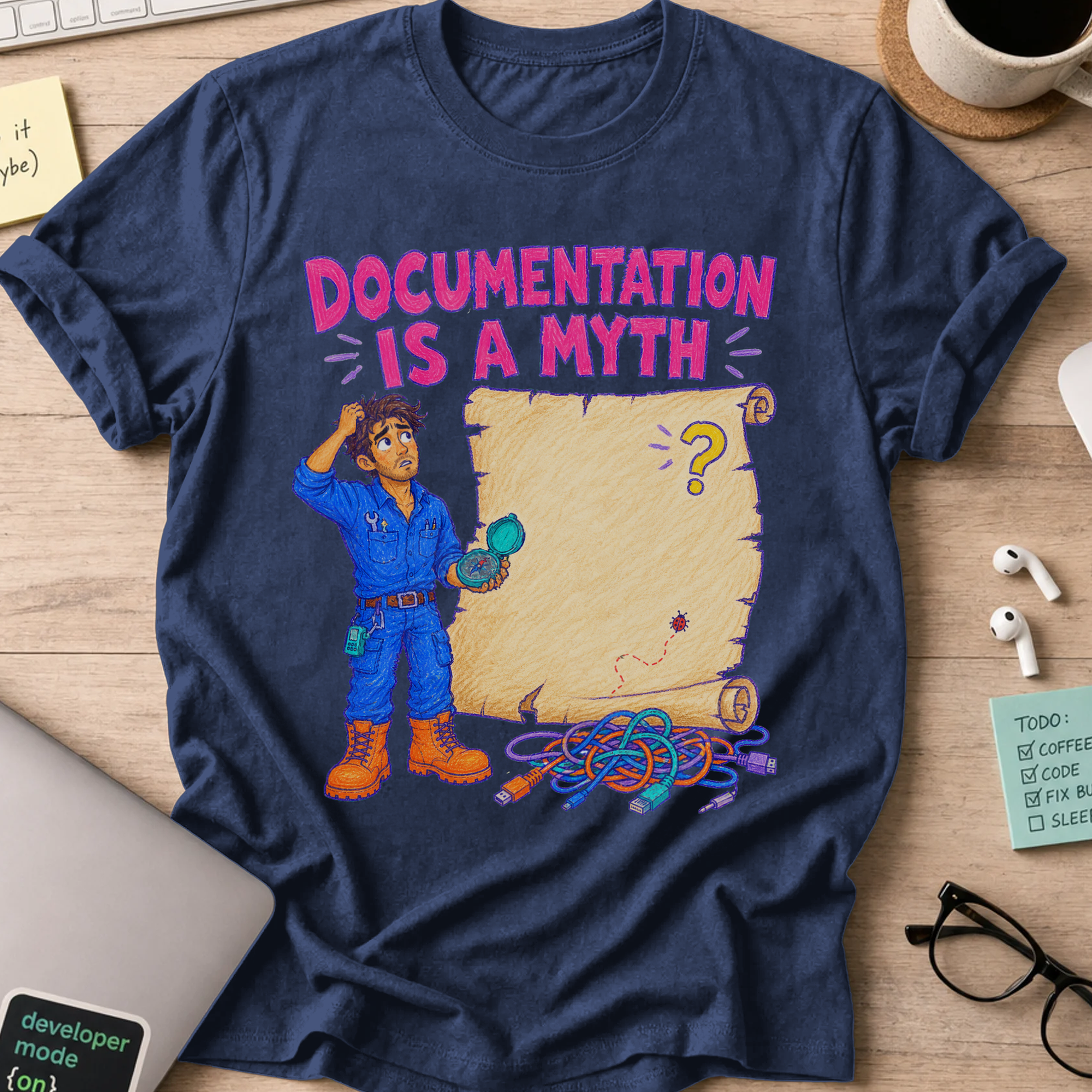 Documentation Is a Myth Shirt — Navy storefront mockup