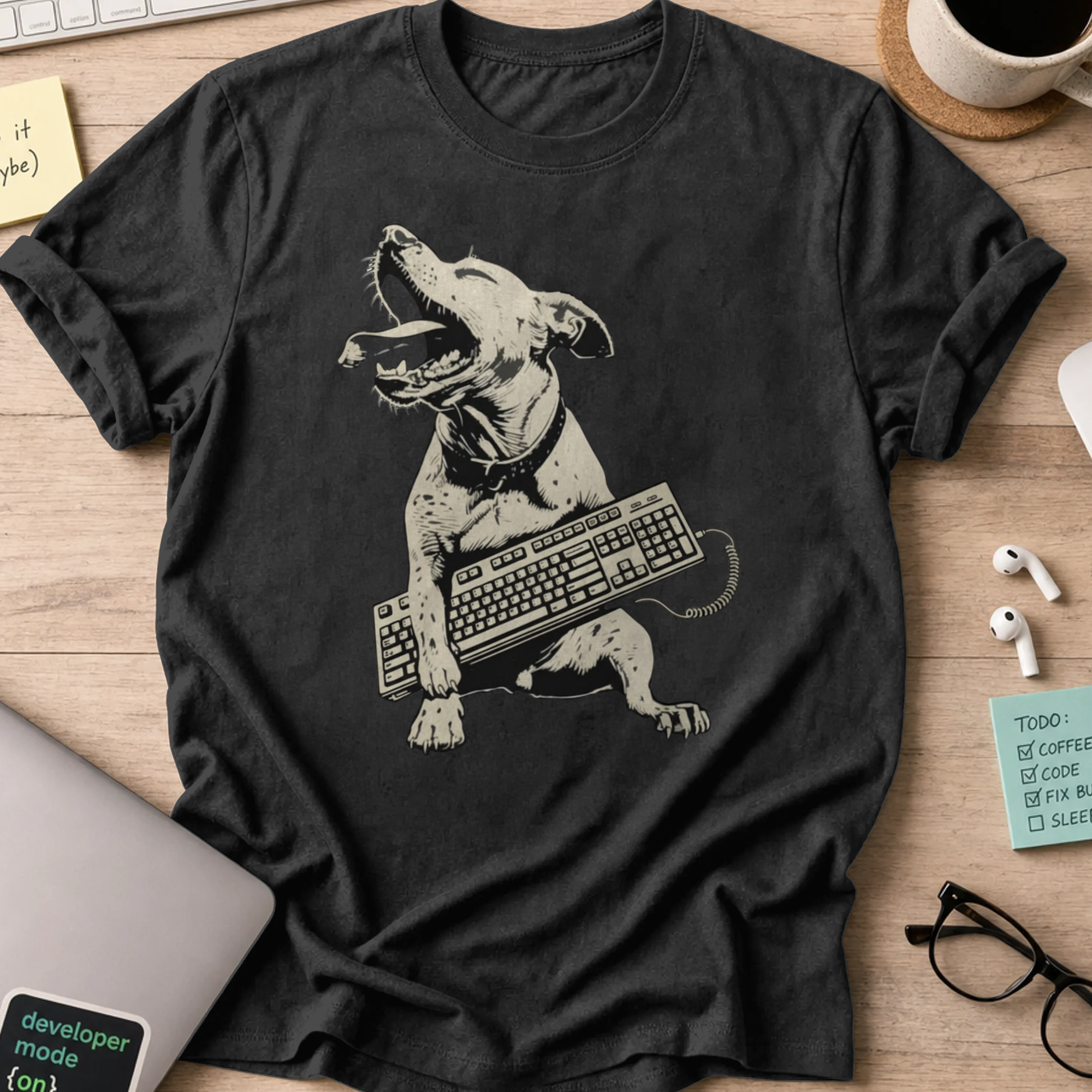 dog holding keyboard shirt - Black