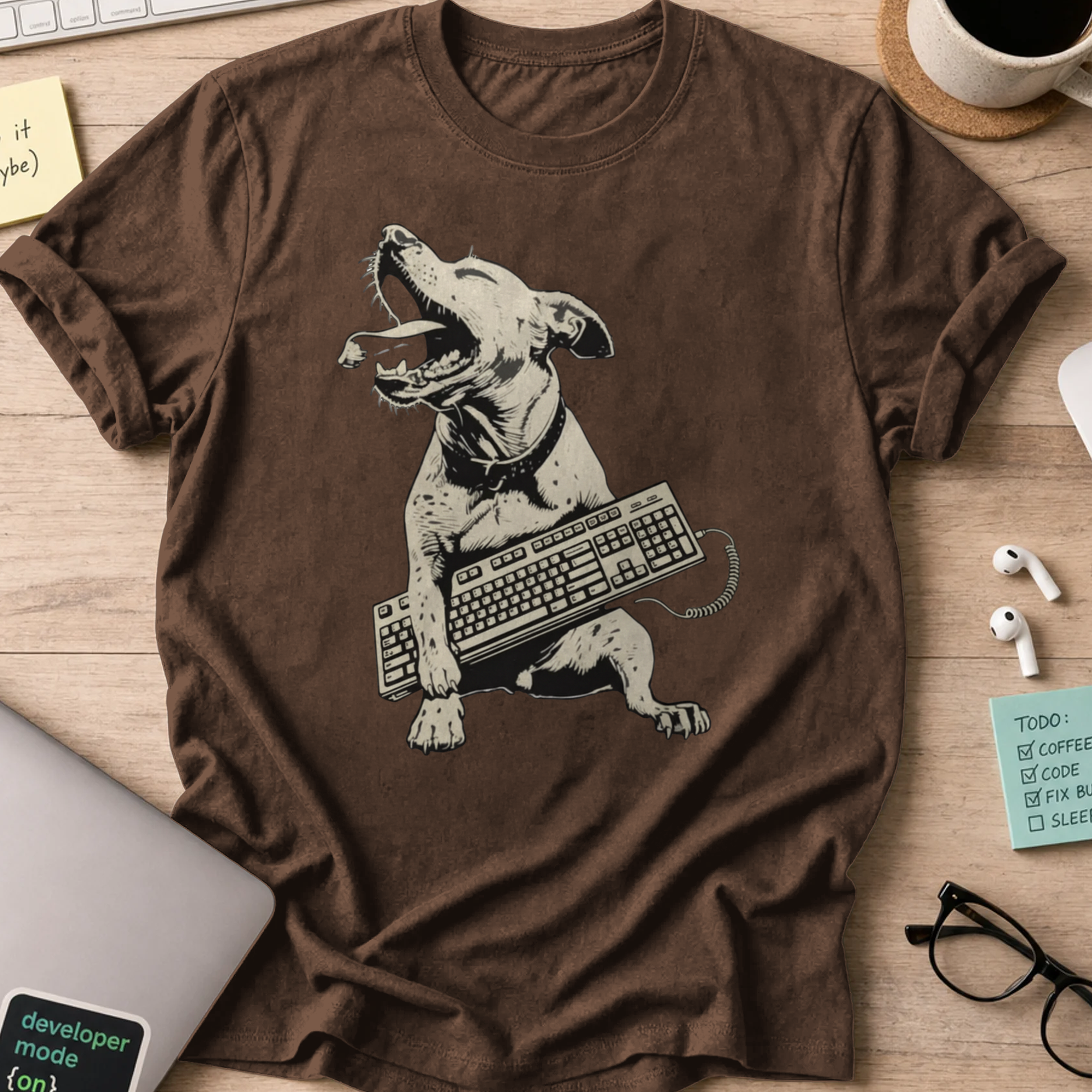 dog holding keyboard shirt - Dark Chocolate