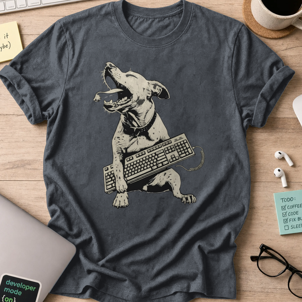 dog holding keyboard shirt - Dark Heather