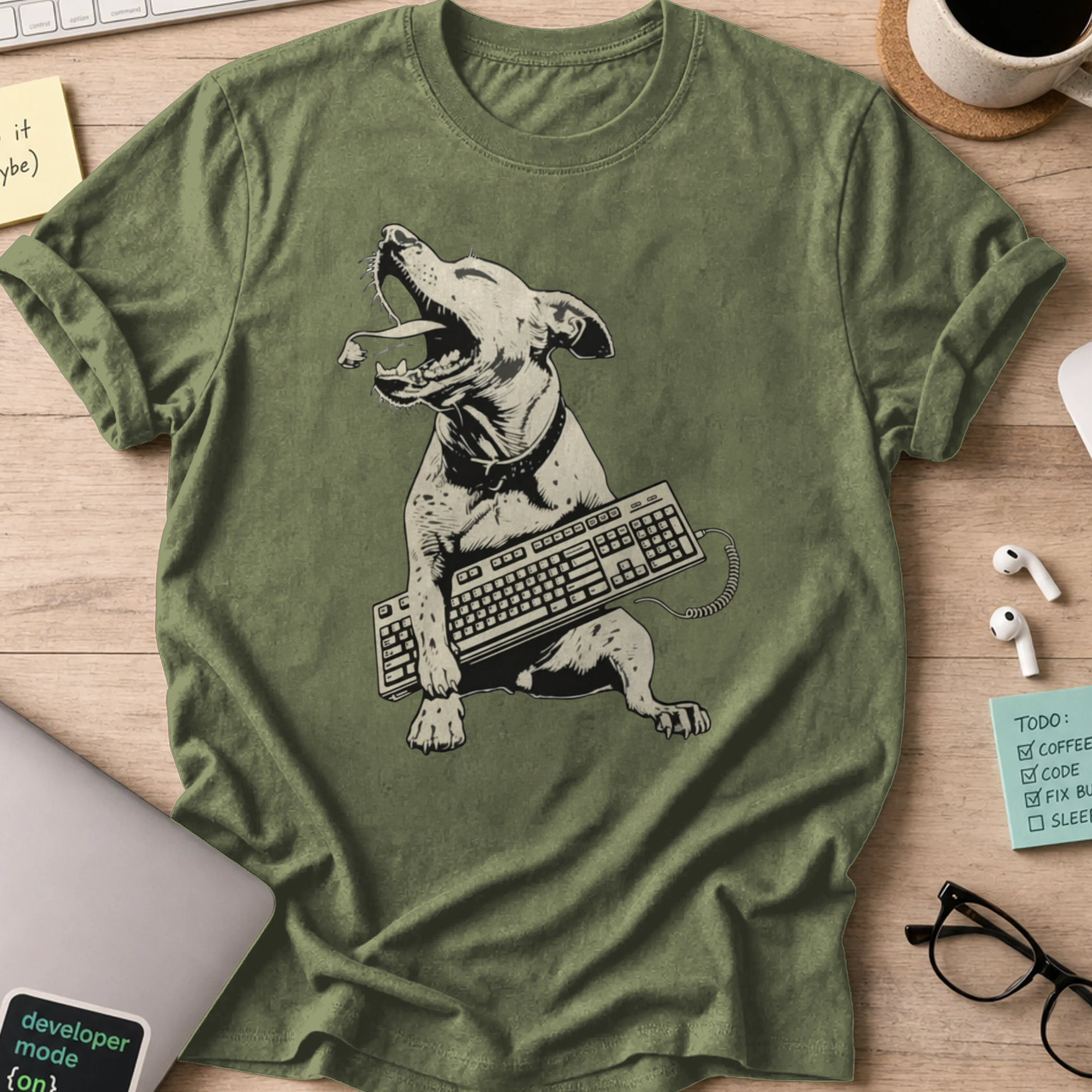 dog holding keyboard shirt - Military Green