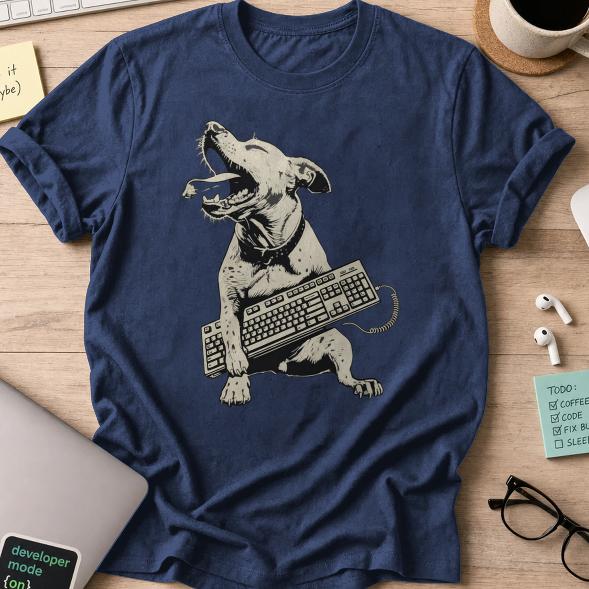 dog holding keyboard shirt - Navy