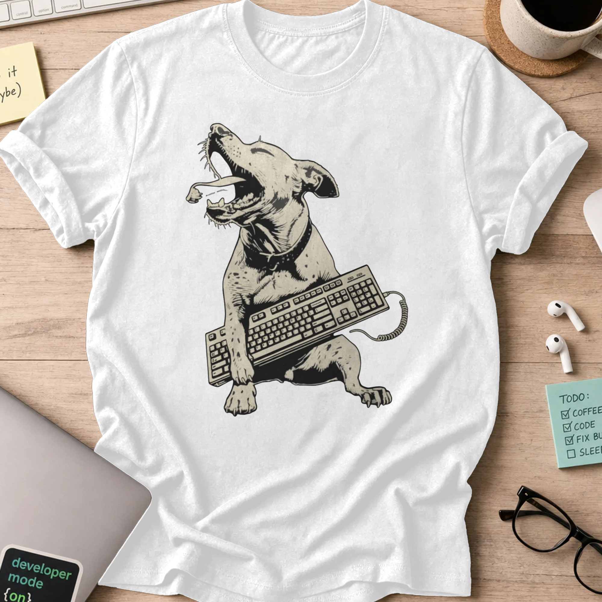 dog holding keyboard shirt - White