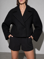 Winter British Suit Collar Solid Color Wool Small Coat in Black - bust to thigh view