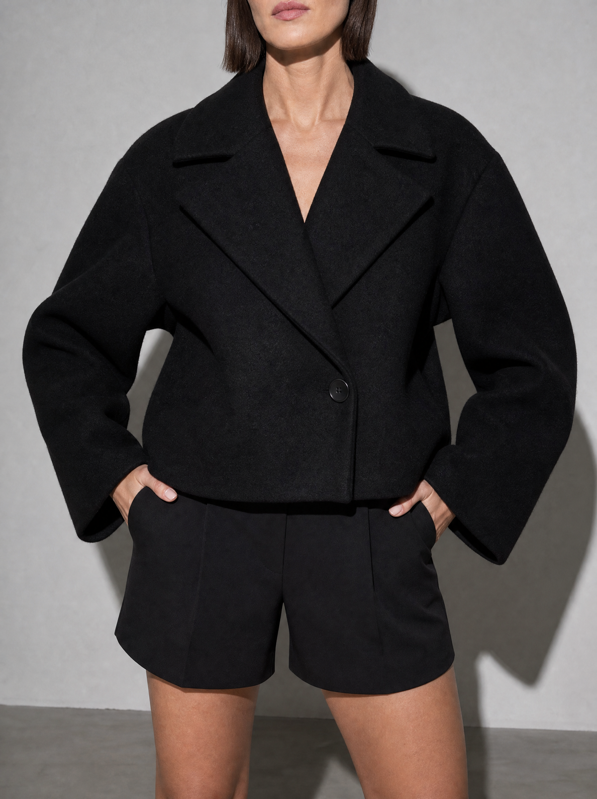 Winter British Suit Collar Solid Color Wool Small Coat in Black - bust to thigh view