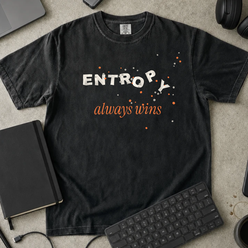 Entropy Always Wins Shirt — Black Comfort Colors 1717 flat lay