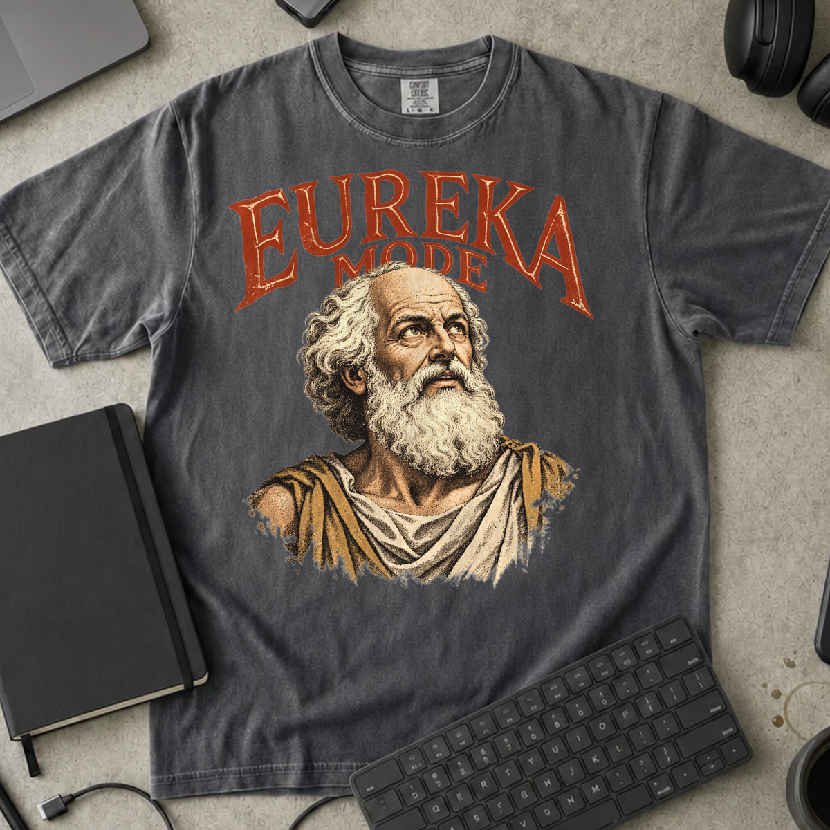 Eureka Mode Shirt — Pepper Comfort Colors 1717 flat lay