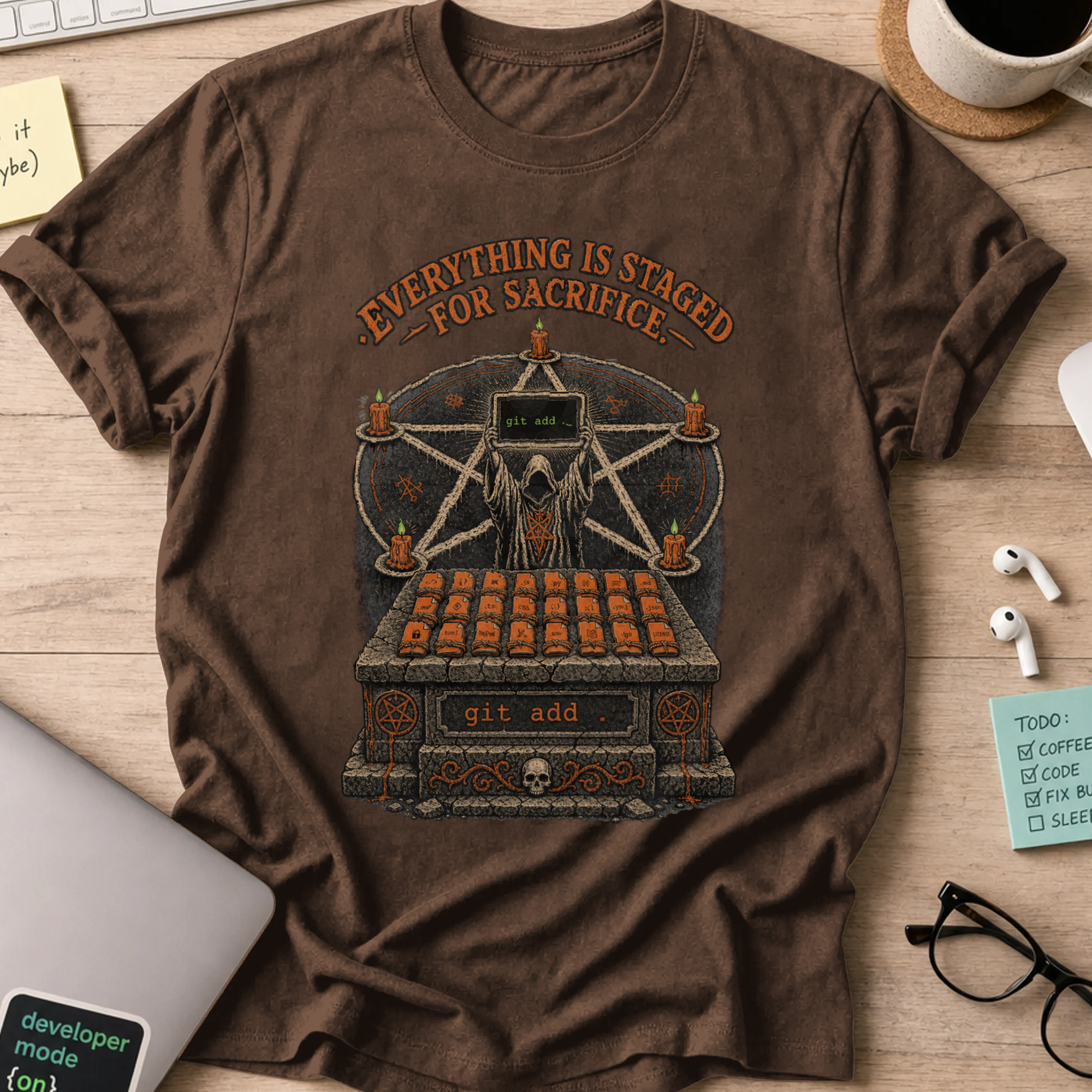 Everything Is Staged for Sacrifice Shirt — Dark Chocolate storefront mockup