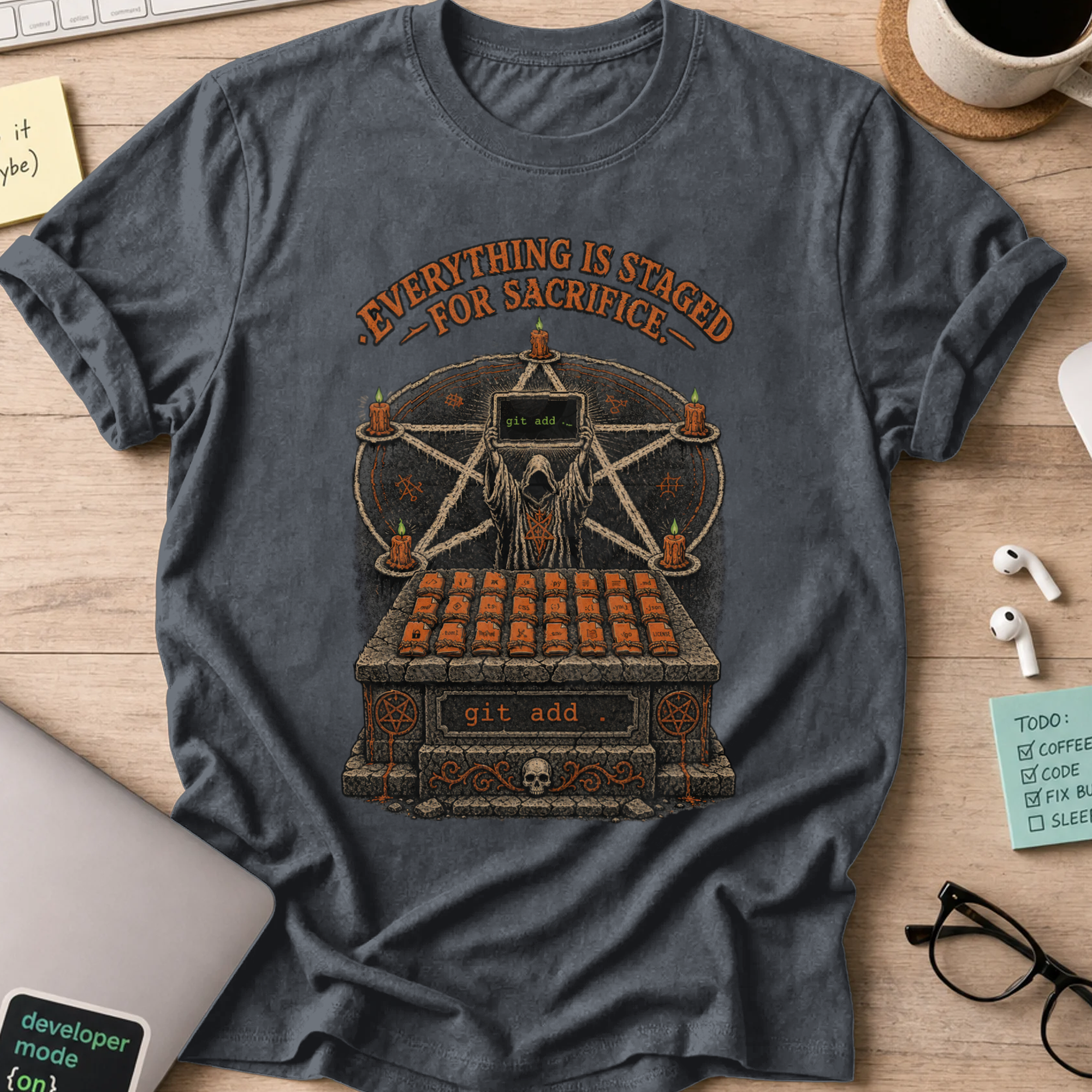 Everything Is Staged for Sacrifice Shirt — Dark Heather storefront mockup