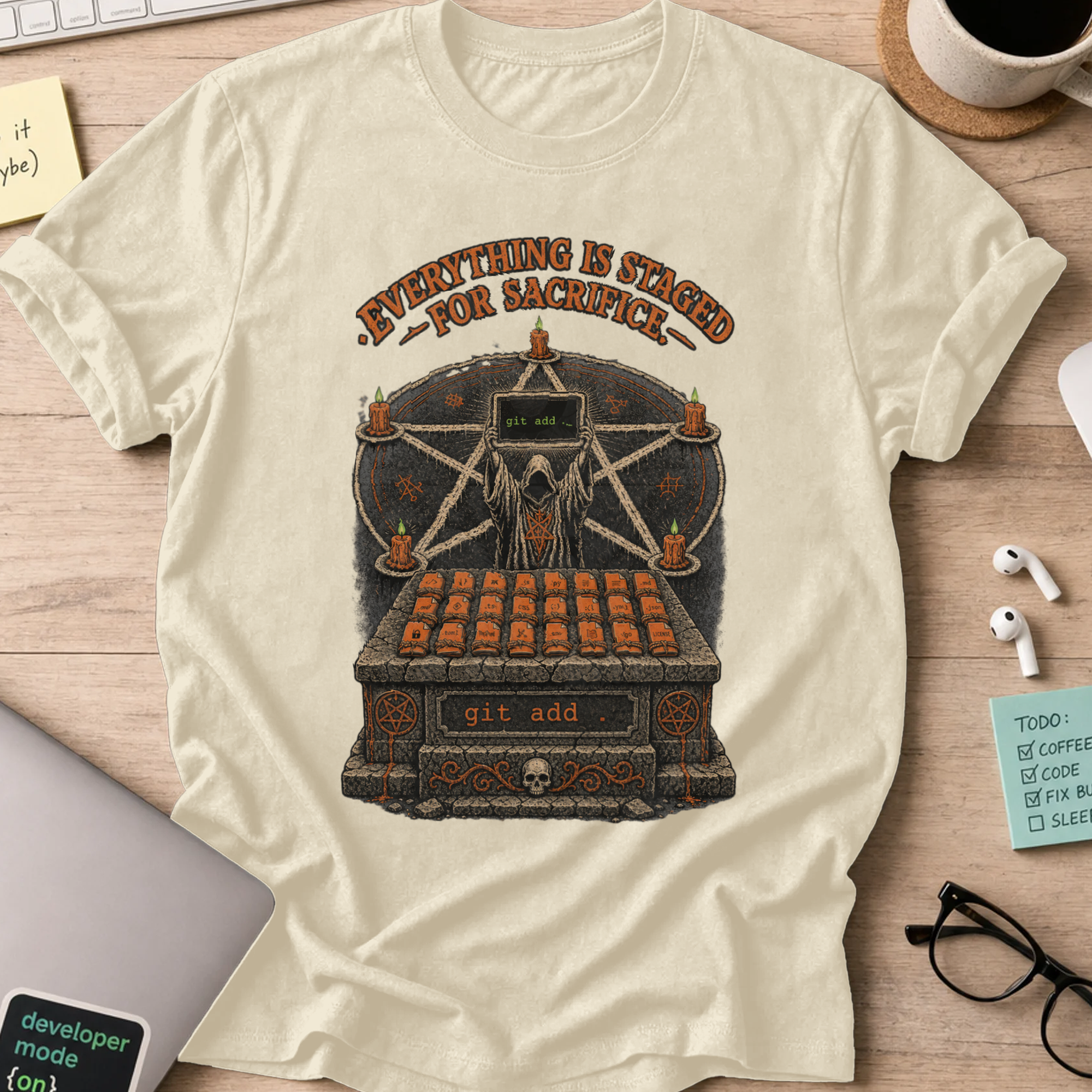 Everything Is Staged for Sacrifice Shirt — Natural storefront mockup