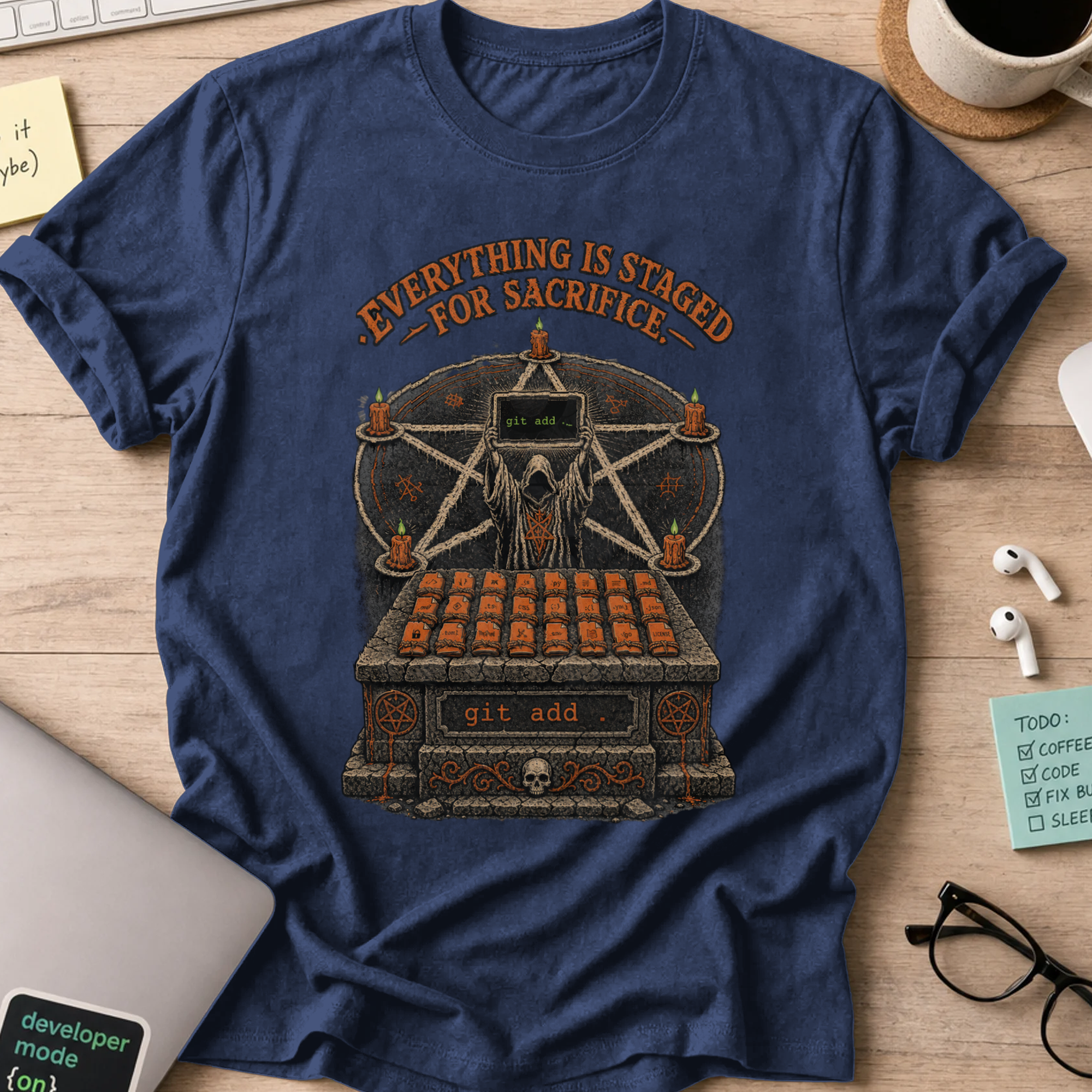 Everything Is Staged for Sacrifice Shirt — Navy storefront mockup