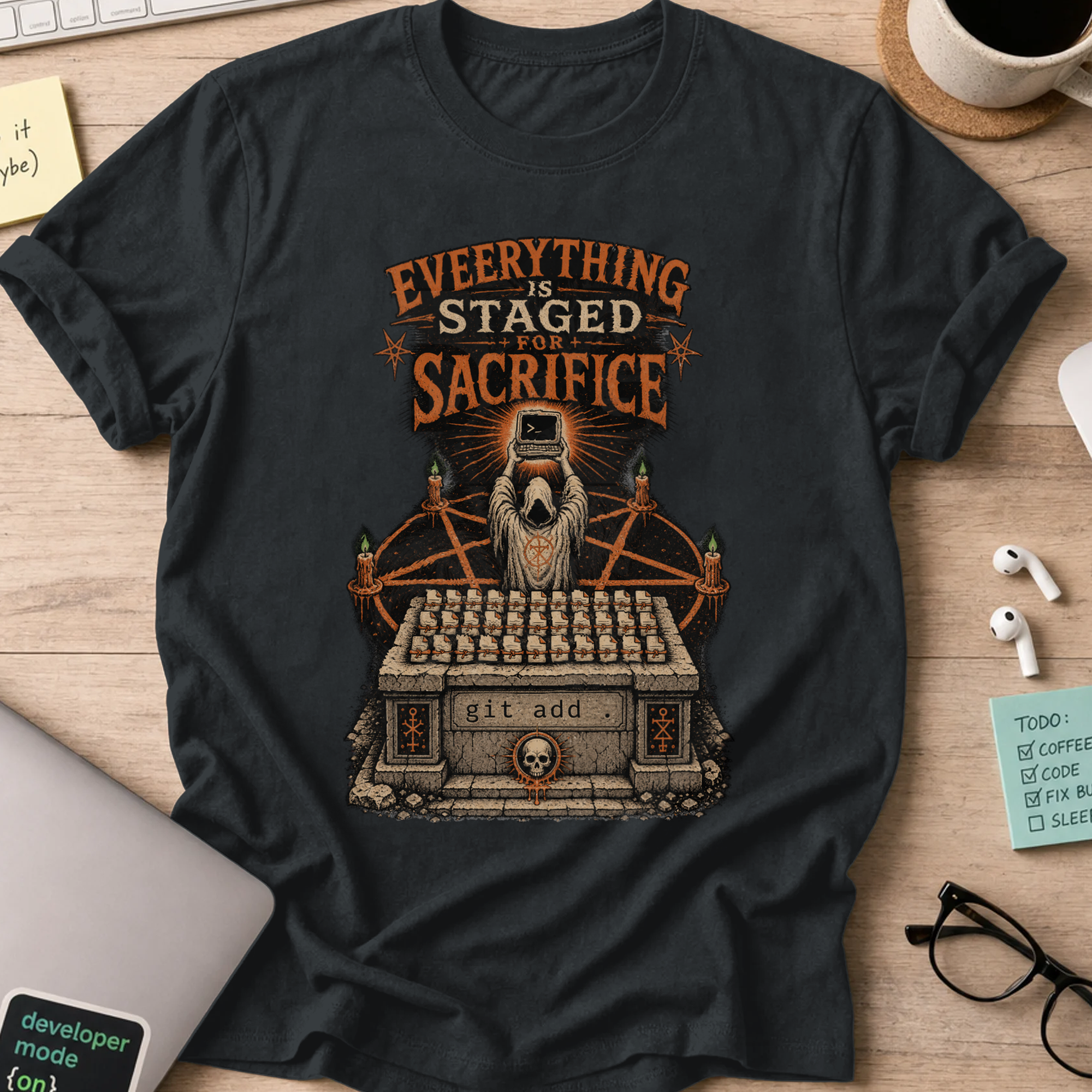 Everything Is Staged for Sacrifice: Terminal Altar Shirt — Black storefront mockup