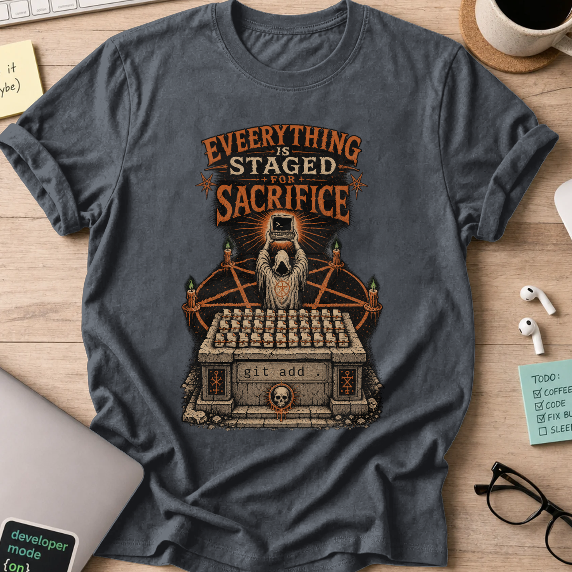 Everything Is Staged for Sacrifice: Terminal Altar Shirt — Dark Heather storefront mockup