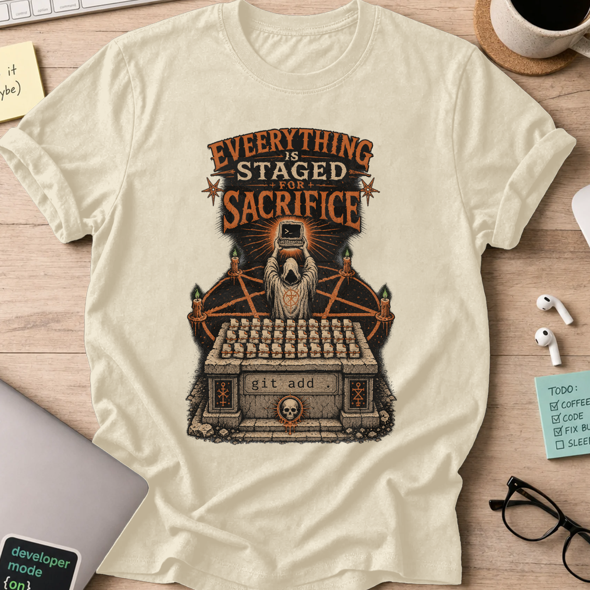 Everything Is Staged for Sacrifice: Terminal Altar Shirt — Natural storefront mockup