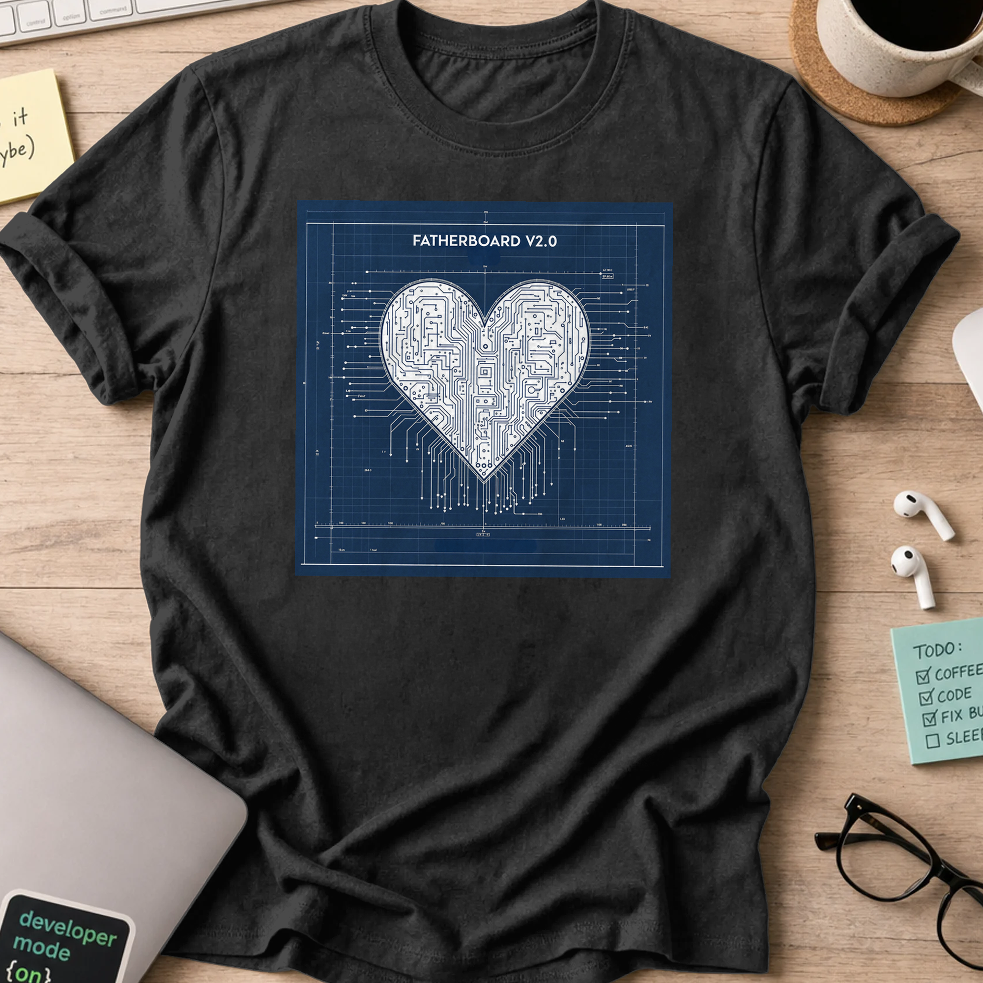 Black programmer shirt printed with "fatherboard V2.0", a funny developer t-shirt and coding gift for software engineers and coders.